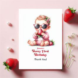 Aardbei Meisje Berry Eerste Verjaardag Bedankkaart