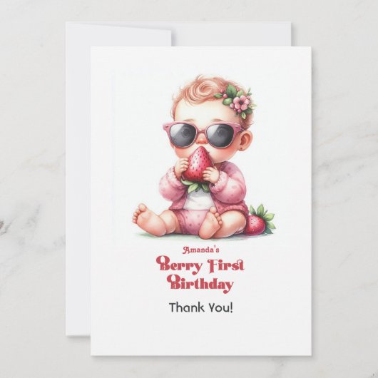 Aardbei Meisje Berry Eerste Verjaardag Bedankkaart (Voorkant)