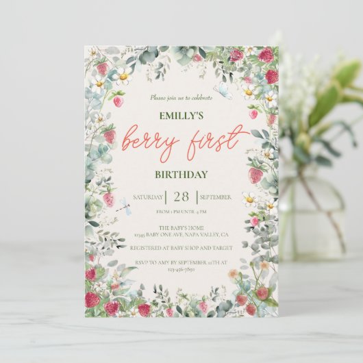 Aardbei Meisje Berry Eerste Verjaardag Kaart (Staand voorkant)