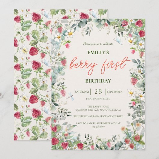Aardbei Meisje Berry Eerste Verjaardag Kaart (Voorkant / Achterkant)