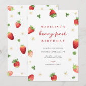 Aardbei Meisje Berry Eerste Verjaardag Uitnodiging (Voorkant / Achterkant)
