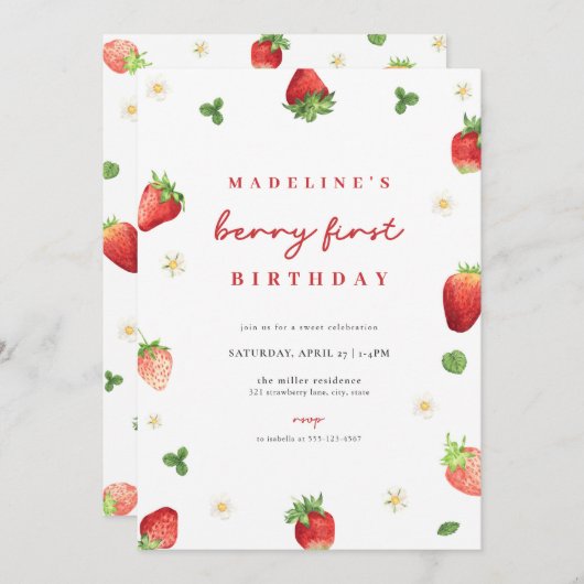 Aardbei Meisje Berry Eerste Verjaardag Uitnodiging (Voorkant / Achterkant)