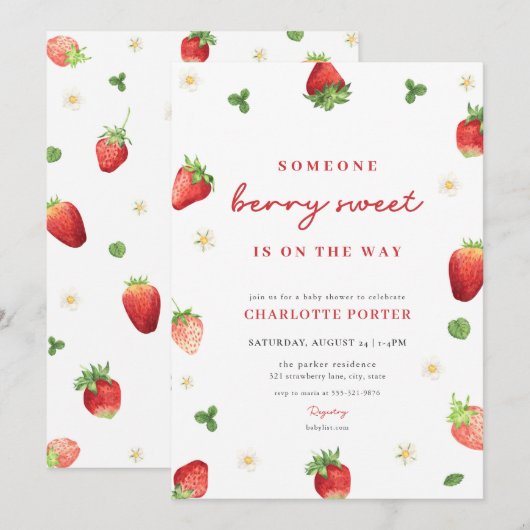 Aardbei Meisje Berry Zoet Baby shower Uitnodiging (Voorkant / Achterkant)
