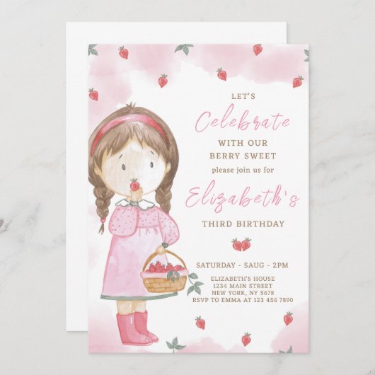 Aardbei Meisje Verjaardag Uitnodiging (Voorkant / Achterkant)