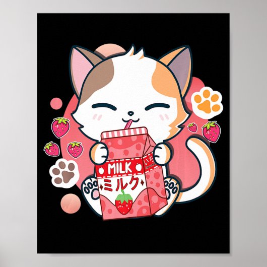 Aardbei melk Kat Kawaii Anime Neko Gift Girls T Poster (Voorkant)