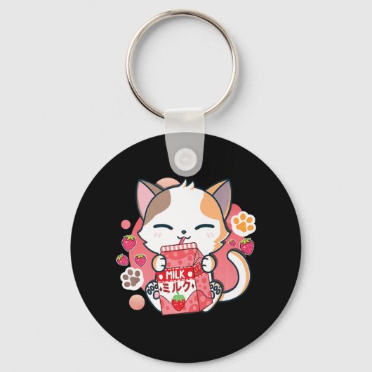 Aardbei melk Kat Kawaii Anime Neko Gift Girls T Sleutelhanger (Voorkant)