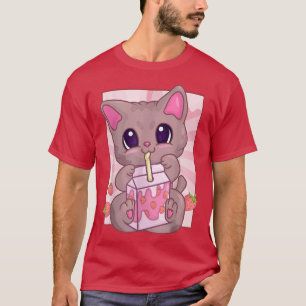 Aardbei Milkshake Cat for Women Girls, Kawaii M T-shirt