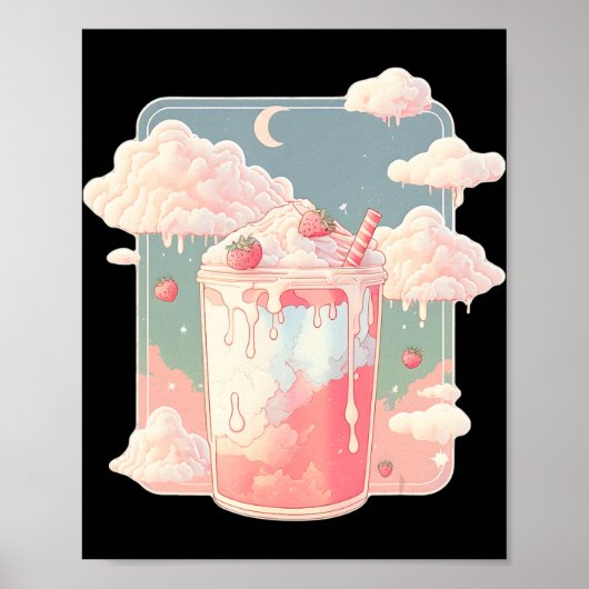 Aardbei Milkshake Kawaii Lofi Cute Pastel Poster (Voorkant)