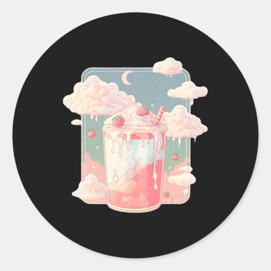 Aardbei Milkshake Kawaii Lofi Cute Pastel Ronde Sticker (Voorkant)