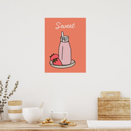 Aardbei Milkshake retro roze Poster (Keuken)