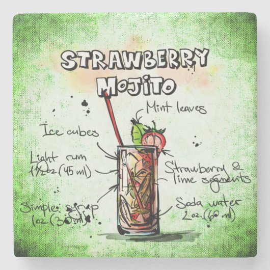 Aardbei Mojito Drink Recipe Stenen Onderzetter (Voorkant)