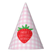 Aardbei op Pink Plaid Girl Berry Eerste Verjaardag Feesthoedjes (Voorkant)