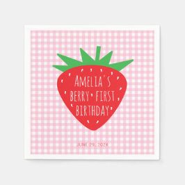 Aardbei op Pink Plaid Girl Berry Eerste Verjaardag Servet