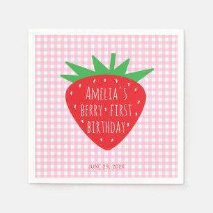 Aardbei op Pink Plaid Girl Berry Eerste Verjaardag Servet