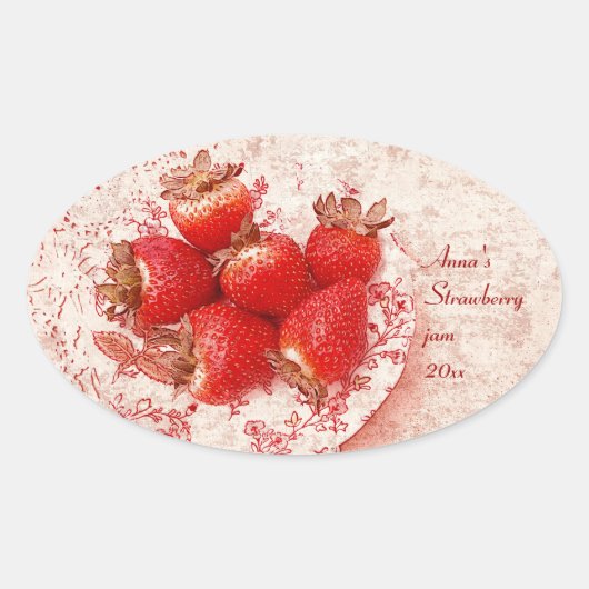 Aardbei - oude landelijke stijl jam inblikken labe ovale sticker (Voorkant)