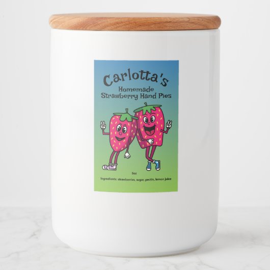 Aardbei Pals Grappige Cartoon Jam Pie en meer Voedselcontainer Etiket (Voorkant)