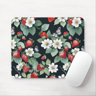 Aardbei Patch met Bloemen & Vlinders Zwart Muismat