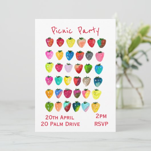Aardbei picknick tuin feest viering kaart (Staand voorkant)