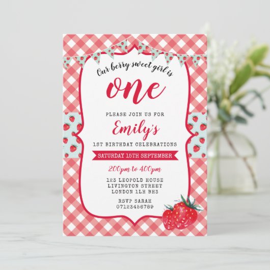 Aardbei Picnic 1e verjaardag Uitnodiging (Staand voorkant)