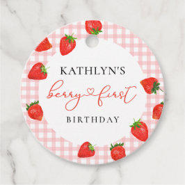 Aardbei Pink Berry Eerste Plaid Gingham Verjaardag Bedankjes Labels
