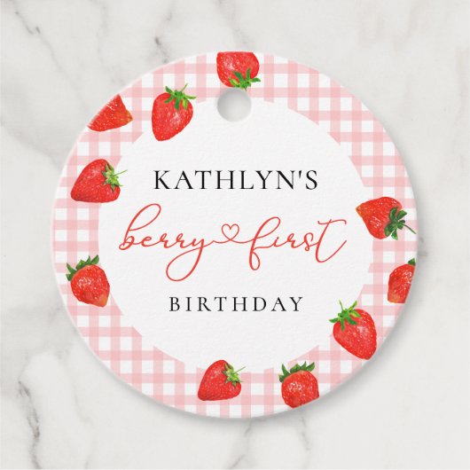 Aardbei Pink Berry Eerste Plaid Gingham Verjaardag Bedankjes Labels (Voorkant)