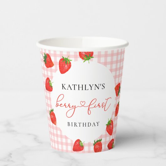 Aardbei Pink Berry Eerste Plaid Gingham Verjaardag Papieren Bekers (Links)