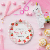 Aardbei Pink Berry Eerste Plaid Gingham Verjaardag Papieren Bordje (Feest)