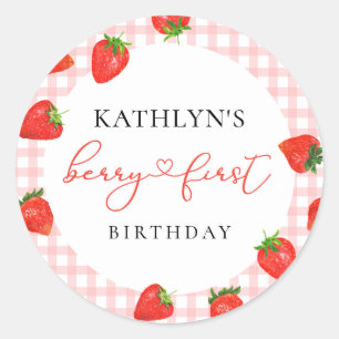 Aardbei Pink Berry Eerste Plaid Gingham Verjaardag Ronde Sticker
