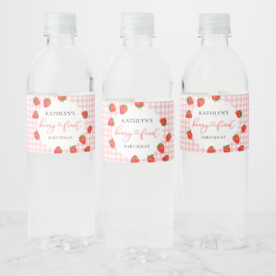 Aardbei Pink Berry Eerste Plaid Gingham Verjaardag Waterfles Etiket