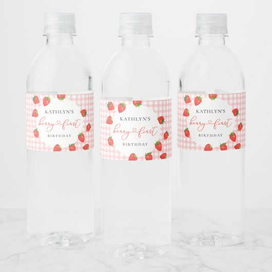 Aardbei Pink Berry Eerste Plaid Gingham Verjaardag Waterfles Etiket (Flessen)