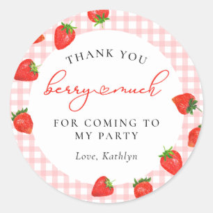 Aardbei Pink Berry Plaid Gingham Verjaardag Ronde Sticker