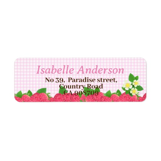 Aardbei Pink Gingham Etiket (Voorkant)