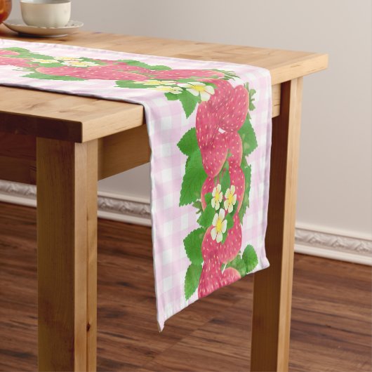 Aardbei Pink Gingham Korte Tafelloper (Voorbeeld)