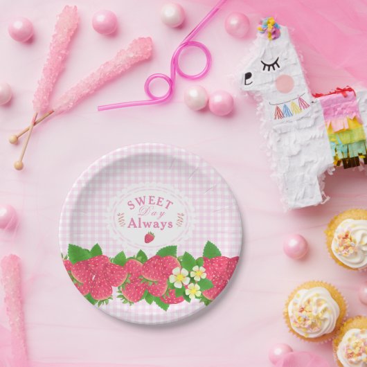 Aardbei Pink Gingham Papieren Bordje (Feest)