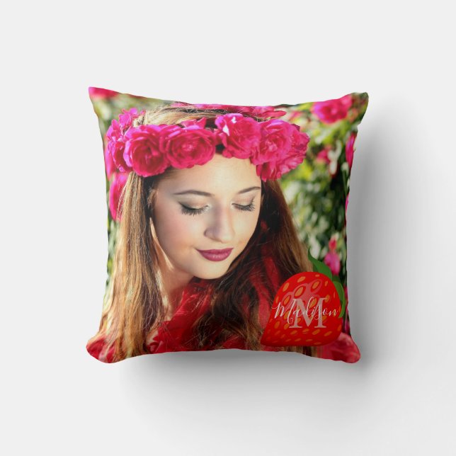 Aardbei Power Girl Monogram Initiaal Naam Throw Kussen (Voorkant)