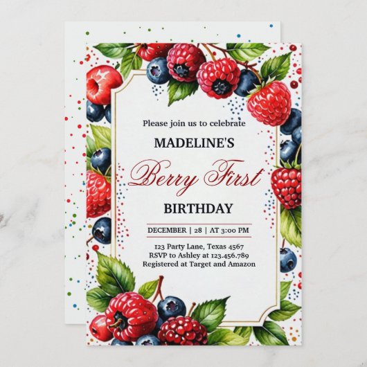 Aardbei Raspberry Berry Eerste 1e Verjaardag Deel Kaart (Voorkant / Achterkant)