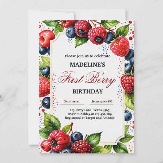 Aardbei Raspberry Berry Eerste 1e Verjaardag Deel Kaart (Voorkant)