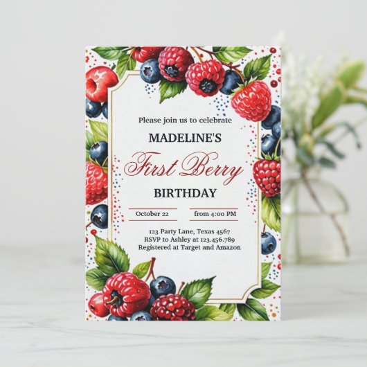 Aardbei Raspberry Berry Eerste 1e Verjaardag Deel Kaart (Staand voorkant)