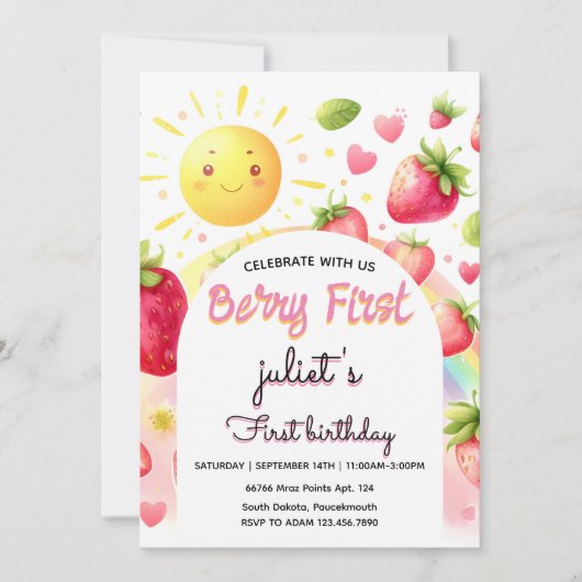 Aardbei regenboogbes eerste 1e verjaardag kaart (Voorkant)