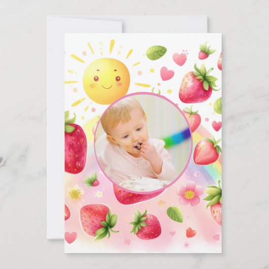 Aardbei regenboogbes eerste 1e verjaardag kaart (Achterkant)