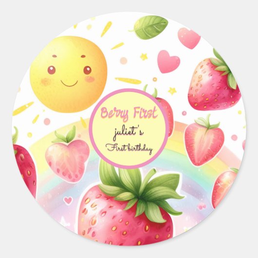 Aardbei regenboogbes eerste 1e verjaardag ronde sticker (Voorkant)