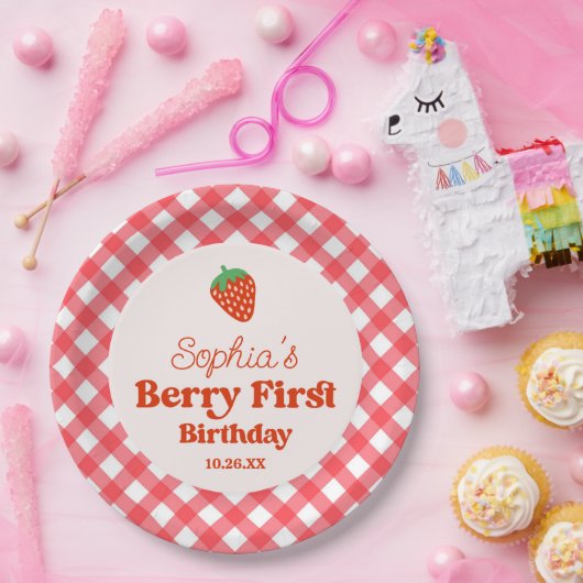 Aardbei Rode Roze Berry Eerste 1e Verjaardagsfeest Papieren Bordje (Feest)