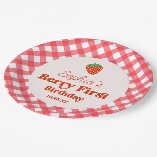 Aardbei Rode Roze Berry Eerste 1e Verjaardagsfeest Papieren Bordje (Gekanteld)