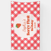 Aardbei Rode Roze Berry Eerste 1e Verjaardagsfeest Spandoek (Verticaal)