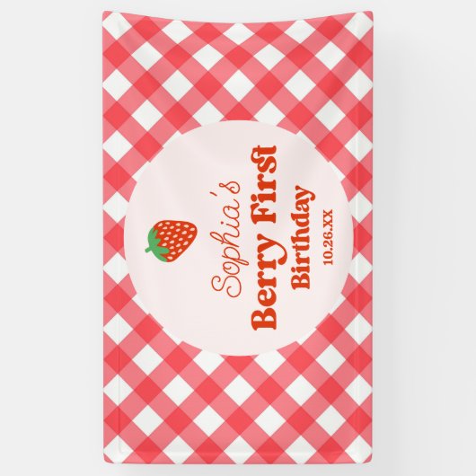 Aardbei Rode Roze Berry Eerste 1e Verjaardagsfeest Spandoek (Verticaal)