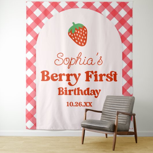 Aardbei Rode Roze Berry Eerste 1e Verjaardagsfeest Wandkleed (In situ)