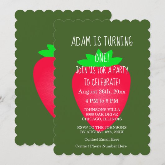 Aardbei Rood Groen Aangepast 1e Verjaardagsfeest Kaart (Voorkant / Achterkant)