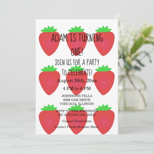 Aardbei Rood Wit Aangepast 1e Verjaardagsfeest Kaart (Staand voorkant)