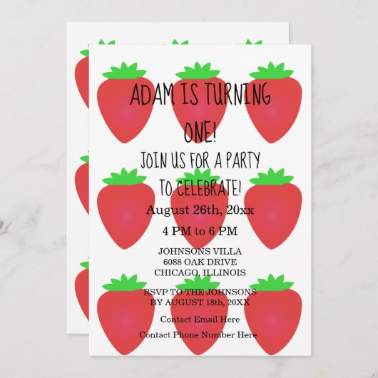 Aardbei Rood Wit Aangepast 1e Verjaardagsfeest Kaart (Voorkant / Achterkant)