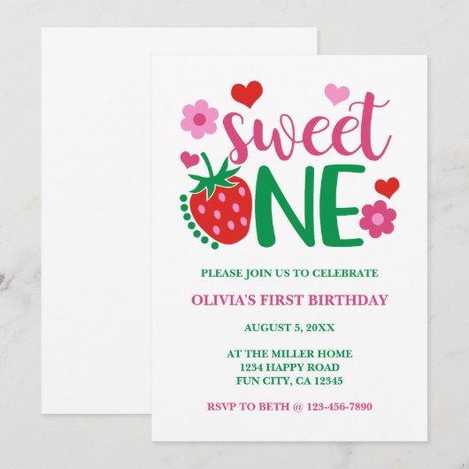 Aardbei rood zoet een eerste verjaardag kaart (Voorkant / Achterkant)